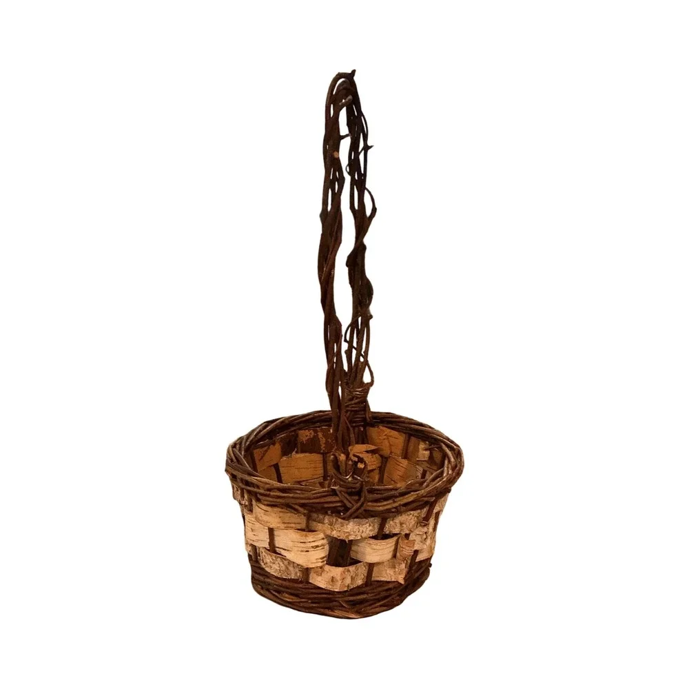 Vintage Grapevine and Wicker Basket Tall Arched Handle Rustic Farmhouse 16x8x7.5